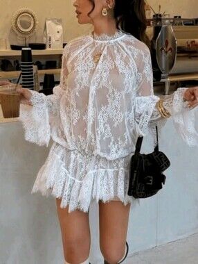 Women Lace See Through Mini Dress Y2K Boho Floral Long Sleeve Mock Neck Loose